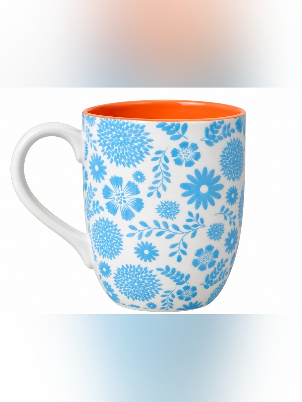 Blue Floral Ceramic Mug with Orange Interior